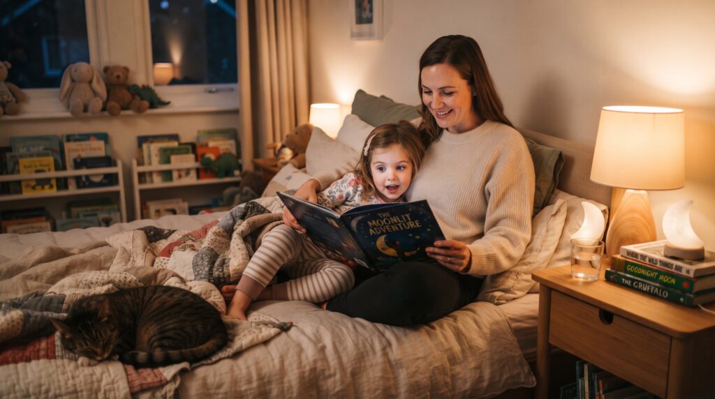 A parent reading a bedtime story with a toddler in a cosy bedroom with children’s books and soft lighting.