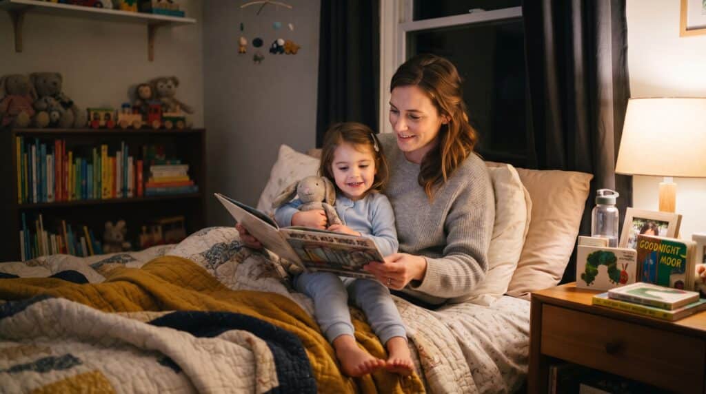 Best bedtime books for 3 year olds with a parent reading a bedtime story in a cosy bedroom