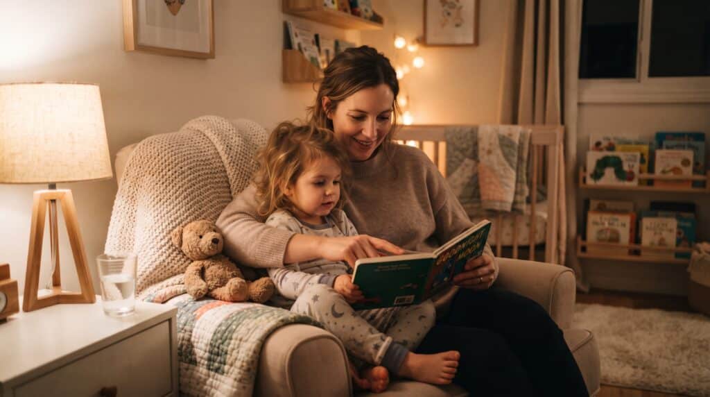 Best bedtime books for 2 year olds with a parent reading a board book in a cosy bedroom